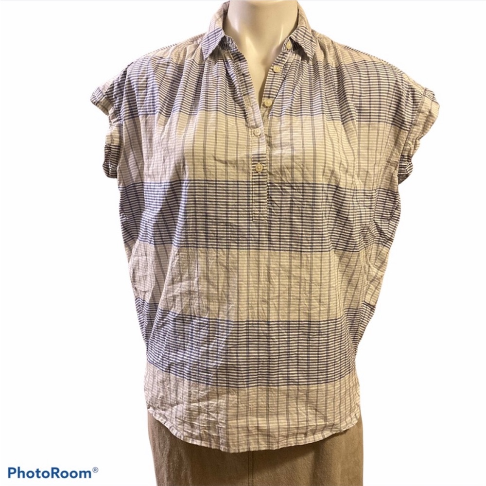 Madewell blue and white striped plaid blouse